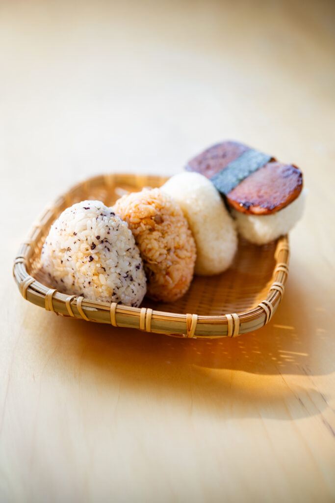 Close up shot of colorful Japanese onigiri rice balls assortment with beautiful shallow depth of field